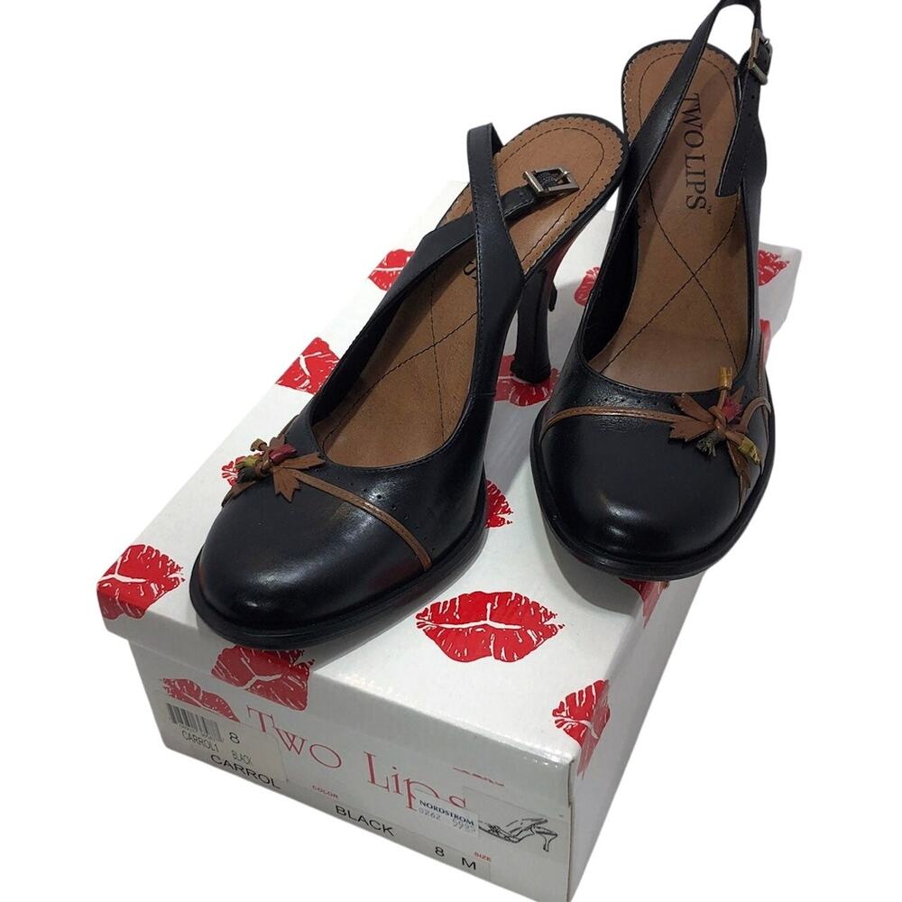 Vintage Black Sling Back Heels Round Toe Women 8 M Tan Trim y2k NOS Two Lips